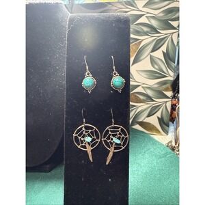 Dreamcatcher Silver Tone Pierced Earrings, Pale Blue Stones‎ & Feather Dangle